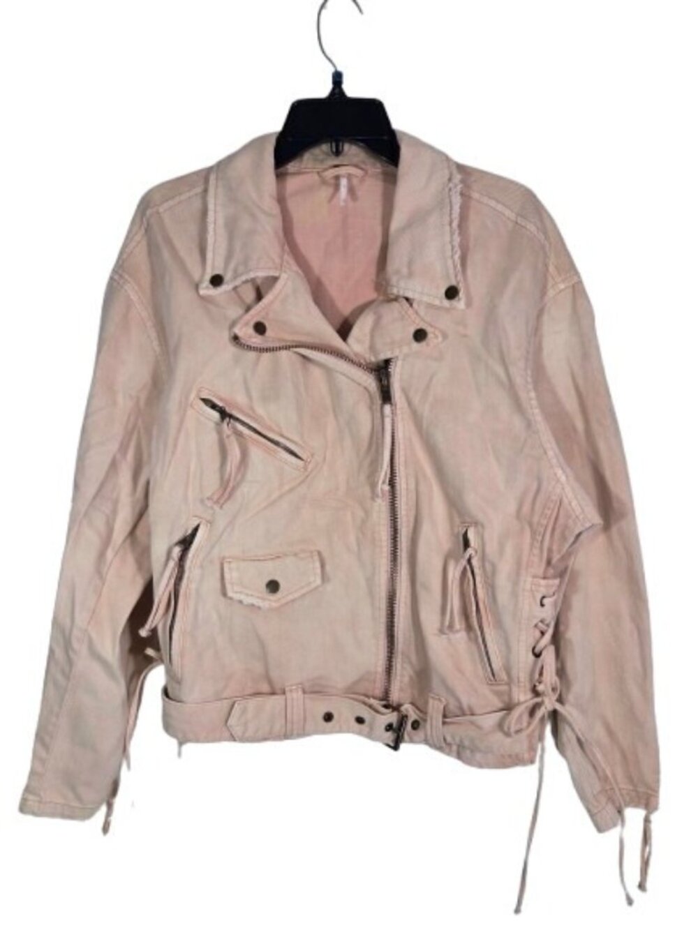 Free People Jacket Moto Washed Rose Pink Denim Lace Up Sides Belted Zippers M - Picture 4 of 6